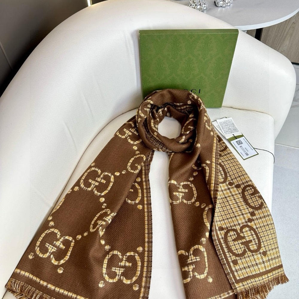 Gucci Brown and Gold Logo Scarf